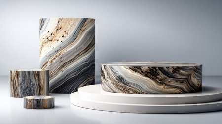 Four wooden display podiums of various sizes are arranged on a white surface, against a light gray background. The wood exhibits unique patterns of gray, brown, and beige hues. This composition is suitable for product showcasing or presentation needs. The scene is illuminated with soft, diffused light.の素材