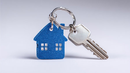 A blue house-shaped key ring and a silver key rest on a white background. The composition showcases a close-up view with soft lighting. This image could be used in various contexts such as illustrating property, ownership, or concepts related to home buying.の素材