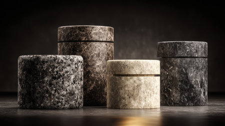 Four stone containers of varying sizes are arranged against a dark backdrop. The containers showcase textured surfaces and natural color variations, with a neutral palette. The composition utilizes focused lighting, highlighting the objects. Suitable for advertising or design projects, this image offers visual interest and potential for creative applications.の素材