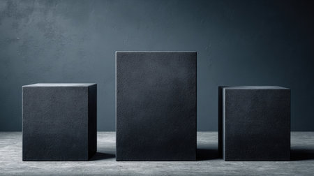 Three black cubic podiums are arranged on a textured surface against a dark backdrop. The composition features a central, taller cube flanked by two smaller ones, creating a balanced display. The lighting is soft, casting subtle shadows. Suitable for showcasing products or concepts, the image offers copy space.の素材