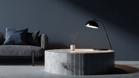 A contemporary interior showcases a round marble table illuminated by a sleek lamp. A gray armchair with a blue cushion sits near the table, and the background is a dark wall. The scene features a minimalist aesthetic, possibly suitable for home decor or architectural design projects.の素材