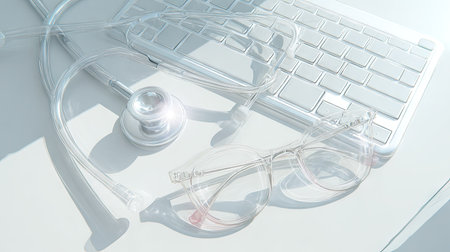 The image features a stethoscope, glasses, and a computer keyboard on a bright white surface. The composition highlights medical and technological elements. The lighting suggests an indoor environment, potentially a workspace. It can be used in medical, healthcare, or technology-related commercial projects.の素材