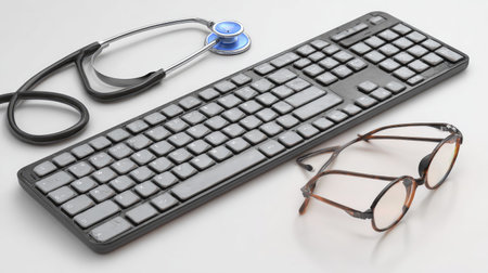 An overhead composition showcases a keyboard, stethoscope, and eyeglasses, indicating a healthcare or technological theme. The objects are arranged against a white backdrop. This image may be suitable for projects related to medicine, health, technology, or information. It offers versatility for diverse commercial and editorial uses.の素材