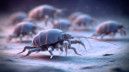 This image showcases a close-up view of several dust mites on a textured surface. The scene is characterized by soft focus and a blue-toned color palette. The composition suggests a microscopic environment, perhaps suitable for scientific illustrations or educational purposes. The image might be used for articles related to health or allergens.の素材