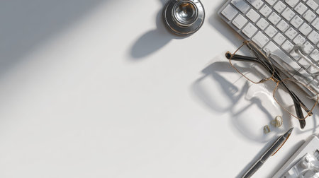 A desk features a stethoscope, glasses, keyboard, pen and pill pack, creating a modern and sterile medical workspace. Strong shadows highlight the objects, adding depth and dimension. This minimalist setup suggests a clean environment suitable for medical and pharmaceutical applications, with ample copy space.の素材