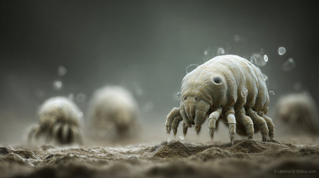 A close-up illustration features a dust mite on a textured surface, likely within a natural environment. The image displays detailed textures and subtle color variations. Potential uses include scientific publications, educational materials, and visual elements for health or allergen-related content.の素材