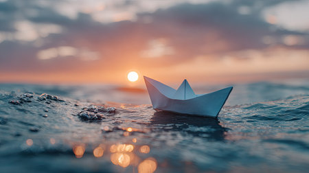 A single paper boat floats peacefully on rippling water under a vibrant sunset. The composition features soft lighting, a shallow depth of field, and a focus on the boat's crisp, clean lines. This tranquil image could be used in various creative projects, including advertising campaigns or editorial illustrations.の素材