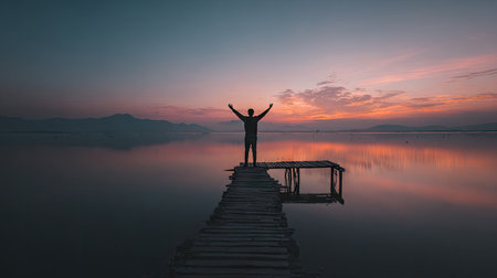 A silhouetted figure stands on a wooden pier, arms outstretched, against a vibrant sunset. The water reflects the warm colors of the sky, creating a serene atmosphere. The composition is simple yet evocative, with strong lines and balanced lighting. Suitable for various commercial and editorial applications, it evokes feelings of freedom.の素材