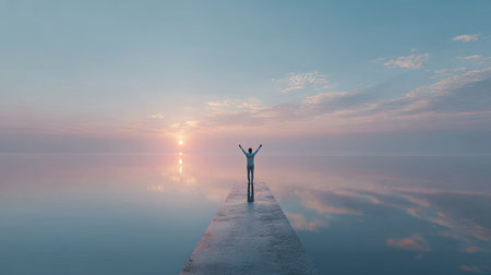 A lone figure stands on a pathway extending into a calm body of water. The image presents a serene composition with a soft color palette. The sky and water reflect the warm hues of a sunset. This could be suitable for projects related to concepts such as peace, reflection, or travel.の素材