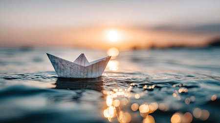 A paper boat floats serenely atop water, illuminated by the warm glow of a sunset. The scene features soft textures and a shallow depth of field. The composition suggests tranquility and could be used for various commercial projects, including visual concepts related to peace and travel.の素材