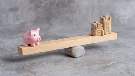 A pink piggy bank and building blocks are displayed on a wooden plank balanced on a rock. The composition presents a concept of balance with a gray, textured background. The image utilizes soft lighting. It could be used in financial, investment, and educational materials.の素材