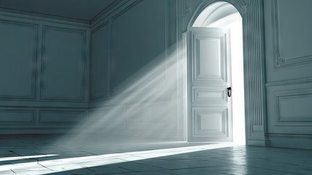 An open doorway reveals bright light beams entering an empty room. The scene displays a white door in a minimalist interior. The lighting creates a contrast and suggests a sense of hope or opportunity. Suitable for illustrations, backgrounds, or conceptual designs, the image can be used for various commercial purposes.の素材