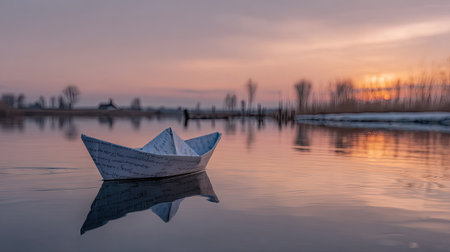 A small paper boat floats peacefully on a still body of water. The scene is bathed in warm, soft light from a setting sun, with a gradient sky of orange and pink. The composition includes reflections and blurred elements suggesting distance. Suitable for conceptual themes or illustrative purposes.の素材