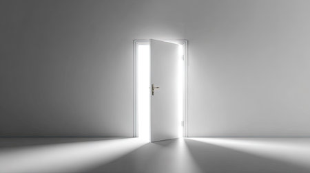 A minimalist depiction presents an open door emitting bright light against a neutral gray background. The composition utilizes sharp shadows and a clean style. The scene may be used to illustrate concepts of opportunity, transition, or escape. It can be used in various commercial projects and creative endeavors.の素材