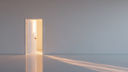 A modern room features an open door against a blank wall. The door reveals warm light, casting long shadows across the smooth, reflective floor. The scene is characterized by clean lines, neutral colors, and the interplay of light and shadow, suitable for various conceptual projects.の素材