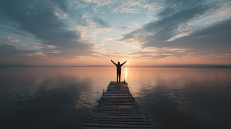 A silhouetted individual stands with arms raised atop a wooden dock, backlit by the warm hues of a sunrise. The scene showcases a tranquil expanse of water reflecting the sky's colors. The composition and lighting suggest possible uses for themes of success, freedom, and spirituality in various commercial or editorial projects.の素材