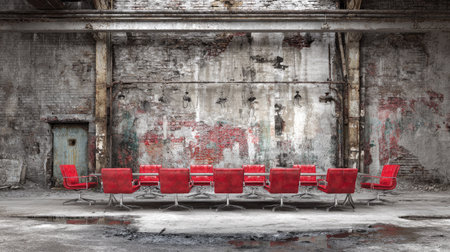 A rectangular table surrounded by red chairs dominates a deteriorated room with concrete walls. The scene exhibits strong textural qualities and contrast. This setting suggests an urban location, and could be used for a variety of commercial and editorial applications.の素材