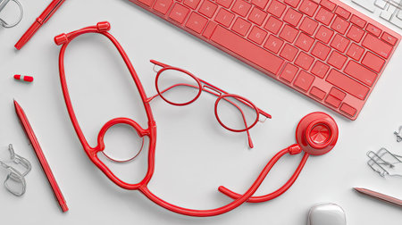 A close-up arrangement showcases red medical instruments including a stethoscope, eyeglasses, and keyboard against a clean white surface. The monochromatic scheme creates a modern, studio-style composition. This image can serve well for health, technology, or business-related communications. The overhead lighting provides distinct shadows.の素材