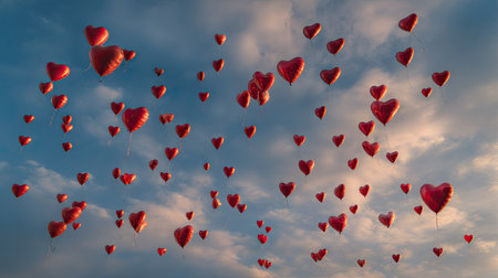 Numerous heart-shaped red balloons ascend against a vibrant blue sky with scattered clouds. The image features a soft, diffused lighting, creating a romantic and airy composition. This visual could be used for various themes such as love, celebrations, or conveying feelings of joy and freedom. The scene creates a sense of floating.の素材
