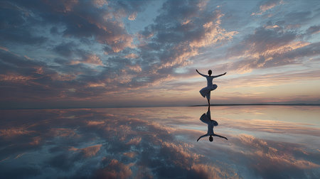 A graceful silhouette of a dancer balances on a reflecting surface. The image showcases a vibrant sunset with an array of colors in the sky and its reflection. The composition emphasizes symmetry, creating a sense of peace and tranquility. Suitable for artistic projects or concepts related to balance and freedom.の素材