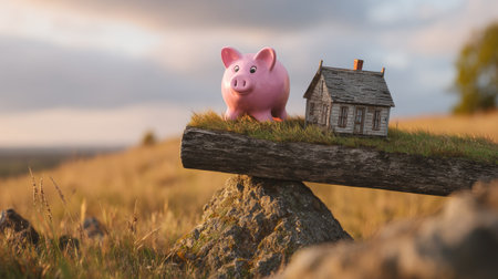 A pink piggy bank and a small house model rest precariously on a weathered log. The scene is set outdoors with a field in the background. The composition employs balanced placement of elements with soft lighting. This image is appropriate for representing savings, home ownership, and financial concepts.の素材