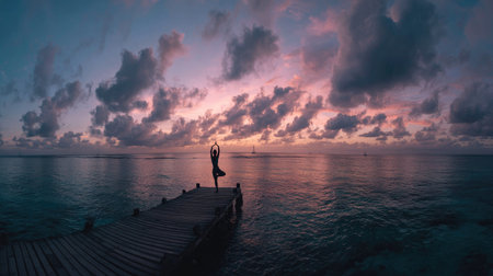 A person practices yoga on a pier, silhouetted against a vibrant sunset. The image shows a dramatic sky with clouds reflecting pink and purple hues over the water. The scene suggests a tranquil environment and a sense of peace, with potential uses in wellness or travel-related media.の素材