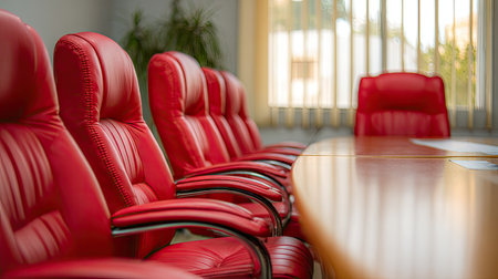 Several red leather chairs are positioned around a wooden conference table. The image features a blurred foreground leading to the sharply focused chairs and table. The room is lit by sunlight streaming through a window, indicating a bright interior setting. This visual would be suitable for business or corporate projects.の素材