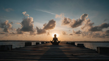 A person is silhouetted while meditating on a wooden pier extending into the ocean. The sky displays warm colors from the setting sun, with scattered clouds. The composition uses perspective, emphasizing the horizon. Ideal for illustrating concepts of serenity and wellness, suitable for various commercial applications.の素材