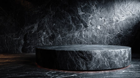 A minimalist, round stone podium dominates a dark, textured background. The podium surface is rough, with variations in color, while the background features a similar texture. The lighting creates a dramatic effect, highlighting the podium. This image is suitable for product displays or promotional visuals.の素材