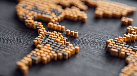 A world map constructed from small wooden blocks rests on a dark, textured surface. The arrangement forms the continents in shades of brown and gray. The composition uses a shallow depth of field. This image could be used for various projects related to global themes and presentations.の素材