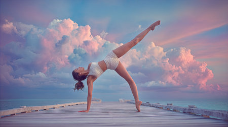 A woman is captured mid-movement, practicing a yoga pose on a wooden structure. The composition showcases her against a backdrop of a pastel-colored sky and water. The image conveys a sense of balance and peace. Suitable for health, wellness, or lifestyle-themed commercial projects.の素材