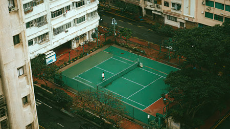 An overhead view reveals a tennis court nestled between buildings. The green court is sharply contrasted by the surrounding structures and foliage. A single player is visible. Ideal for illustrating sports themes, urban landscapes, or concepts of leisure and recreation. Suitable for commercial and editorial projects.の素材