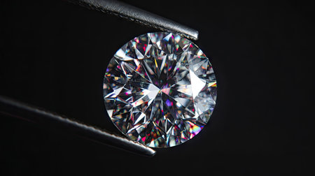 A sparkling round diamond is displayed in tweezers against a stark black backdrop. The gemstone exhibits many facets, reflecting light. The composition highlights the object with a focus on its clarity and brilliance. Suitable for commercial projects requiring high-quality visuals, the image can be used in jewelry, fashion, or luxury concepts.の素材