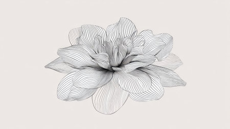 This image showcases a detailed monochrome illustration of a flower, rendered with fine lines. The composition features soft lighting against a neutral background. The style is clean, modern, and suitable for various commercial applications, including design projects and decorative elements.の素材