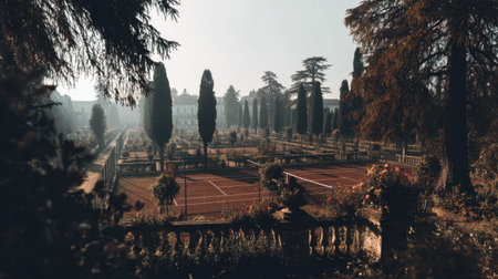 An eye-level shot showcases an outdoor tennis court nestled within a formal garden. The scene is characterized by the green trees, terracotta surface of the court, and the soft daylight. The composition and light suggest potential uses for editorial content or commercial projects.の素材