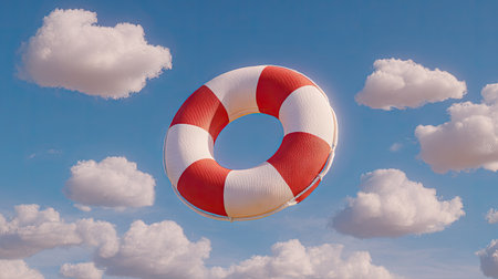 A vivid life preserver, featuring alternating red and white stripes, hovers amidst fluffy white clouds against a bright blue sky. The image showcases a clean, illustrative style with soft lighting. Suitable for various commercial applications, the composition evokes a sense of safety, security, and summertime.の素材