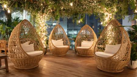 The image features a comfortable outdoor seating area, dominated by four woven hanging chairs. Warm lighting illuminates the setting, complementing the natural tones of the chairs and wooden flooring. Greenery adds a touch of nature. Suitable for various editorial and commercial projects.の素材