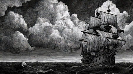 A vintage-style illustration shows a sailing ship navigating turbulent waters beneath a cloudy sky. The monochrome artwork uses a classic style, highlighting the ship's sails and rigging against a backdrop of rolling waves and dramatic clouds. Suitable for historical or adventure-themed projects and design elements.の素材
