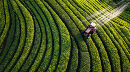 An aerial perspective displays a tractor spraying a vast field of vibrant green crops. The image features a diagonal composition with parallel lines of vegetation. The scene benefits from overhead sunlight, revealing textures and shadows. This image is suitable for illustrating agricultural practices, farming techniques, and environmental concepts.の素材