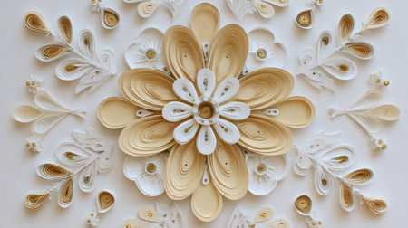 An overhead view presents a handmade floral design crafted from paper. The artwork features a central flower surrounded by delicate leaves, all rendered in shades of beige and white. The composition showcases detailed textures and patterns, suggesting a focus on craftsmanship suitable for various creative applications.の素材