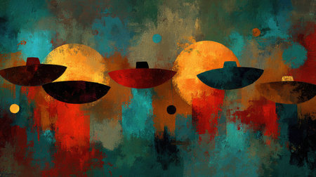 This artwork depicts a stylized arrangement featuring multiple floating objects against a backdrop of layered color. The image showcases a warm color palette including orange, red, and teal. The style could be considered abstract. This visual is suitable for various commercial and editorial applications, conveying themes of creativity.の素材