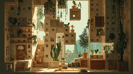 An architectural interior scene is presented featuring a series of interconnected structures. Various potted plants and hanging greenery adorn the spaces. The composition emphasizes natural light and shadow, suggesting a serene atmosphere suitable for creative or decorative projects. The image lends itself well to commercial applications.の素材