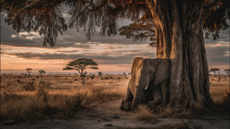 An elephant rests under a large tree in an open savanna setting during sunset. The image features warm colors, a wide composition, and soft lighting. The photograph could be used for various projects related to wildlife, conservation, or travel, and also for editorial purposes.の素材