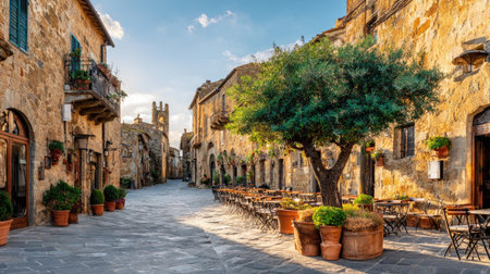 An image captures an aged European town street, featuring stone buildings and a tree. Sunlight illuminates the scene, revealing textures and shadows. Tables and chairs suggest activity. The composition has potential use for travel or historical themes.の素材