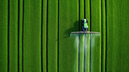 An aerial perspective captures a green agricultural machine spraying a large field of crops. The image shows a high-angle composition with parallel rows, featuring vibrant green hues. The scene suggests agricultural practices in an outdoor environment, potentially useful for illustrating farming, agriculture, and environmental themes.の素材