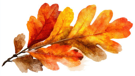 A close-up of an oak leaf branch displays a spectrum of autumn hues, including shades of red, orange, and yellow. The leaves exhibit detailed textures, illuminated by soft lighting. The branch is isolated against a clean white background, suitable for various commercial projects such as illustrations or design elements.の素材