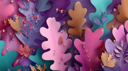 An abstract illustration presents stylized leaves in a variety of vibrant colors. The composition features overlapping forms and textures, with gradients and soft shading suggesting depth. This artwork could be used for various design applications, including backgrounds, patterns, and decorative elements. The overall feel is cheerful and artistic.の素材