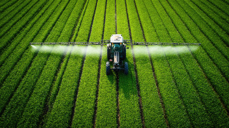An overhead shot shows a tractor actively spraying a field of crops. The scene features rows of bright green plants, with the tractor in the center. The sunlight enhances the colors, creating a visually appealing display. Suitable for illustrating agriculture, farming, and cultivation processes, for editorial and commercial applications.の素材