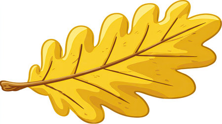 An illustration depicts a single, stylized oak leaf in vibrant yellow hues. The leaf features a prominent central vein and detailed edge design. Presented on a stark white backdrop, the image showcases graphic design elements and lends itself to diverse commercial projects.の素材