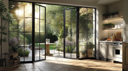 An indoor scene showcases a kitchen with large, black-framed windows offering a view of a verdant garden. The composition uses natural light and highlights various green foliage. This image could be utilized for lifestyle content, interior design projects, or to illustrate articles about home and garden.の素材